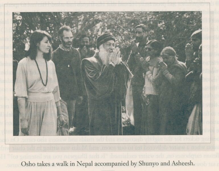 File:Diamond Days with Osho ; p.099 Osho takes a walk in Nepal accompanied by Shunyo and Asheesh..jpg