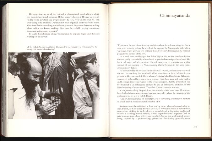 p.214 - 215. Photo caption: At the end of the mass meditation, Rajneesh leaves, guarded by a policeman from the throng. He blesses a handkerchief.