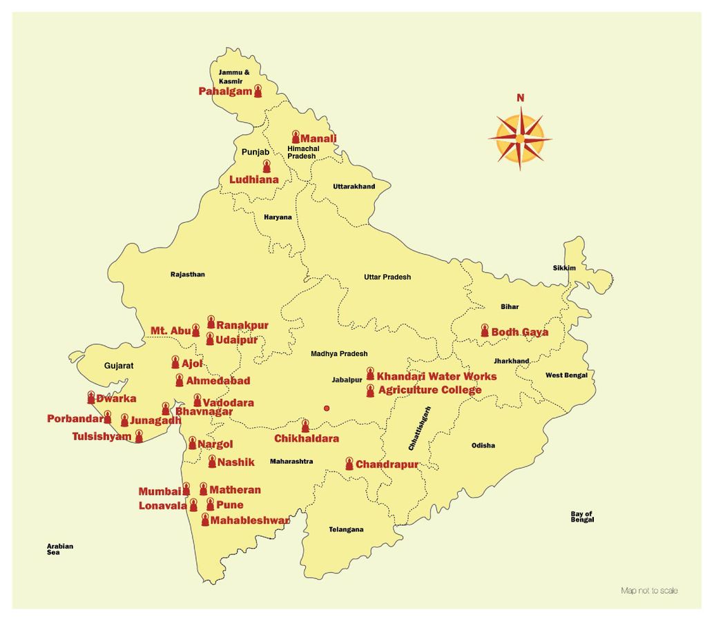 Osho Source Book Part 2, §2.11, Fig. 6. Map with locations for meditation camps in the North of India.