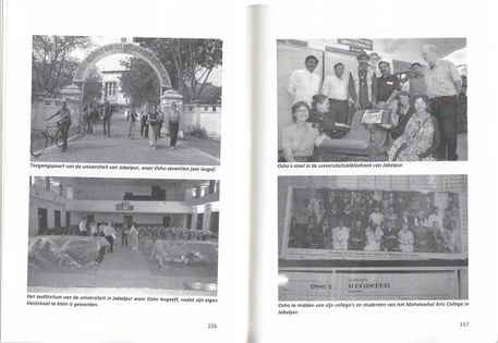 Pages 156 - 157. University of Jabalpur. Left top: The gate. Bottom: the auditorium, where Osho would give his lectures after his own classroom had become too small. Right top: Osho's chair in the univerity library. Bottom: Osho with his colleagues and students of the Mahakoshail Arts College.