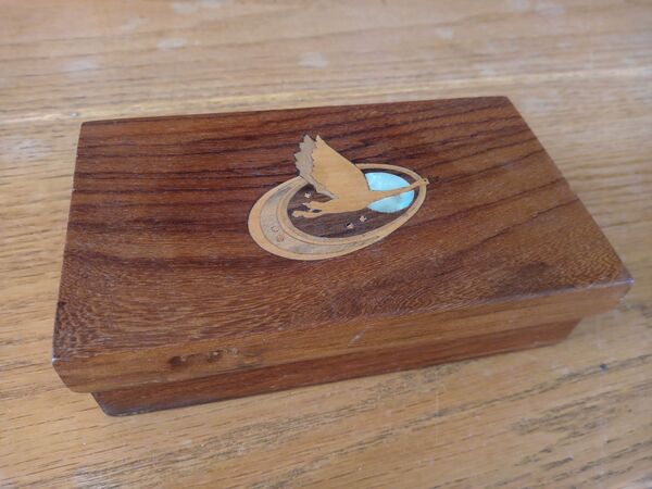 Wooden Box with the Swan-logo, 136x79x38mm, ca. 1990, Poona commune.