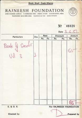 Rajneesh Foundation Book Stall Cash-Memo for The Book of the Secrets, Vol 3, dated 3-6-1987.