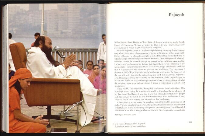 p.200 - 201. Photo caption: The swami Bhagwan Shree Rajneesh beginning a session of mass meditation.