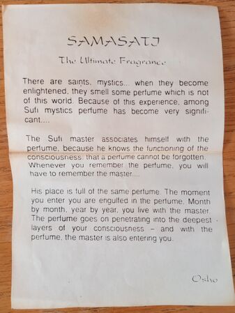 Text with that Perfume "Sammasati", ca. 1990, Poona commune.